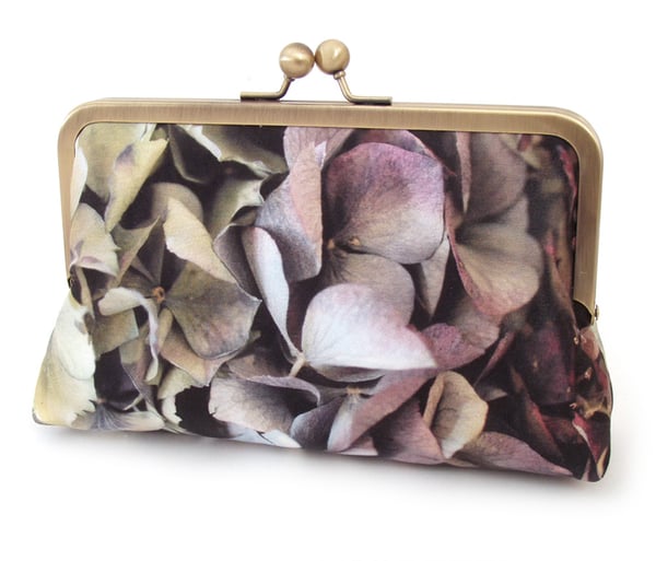 Image of Hydrangea flower printed fabric clutch purse