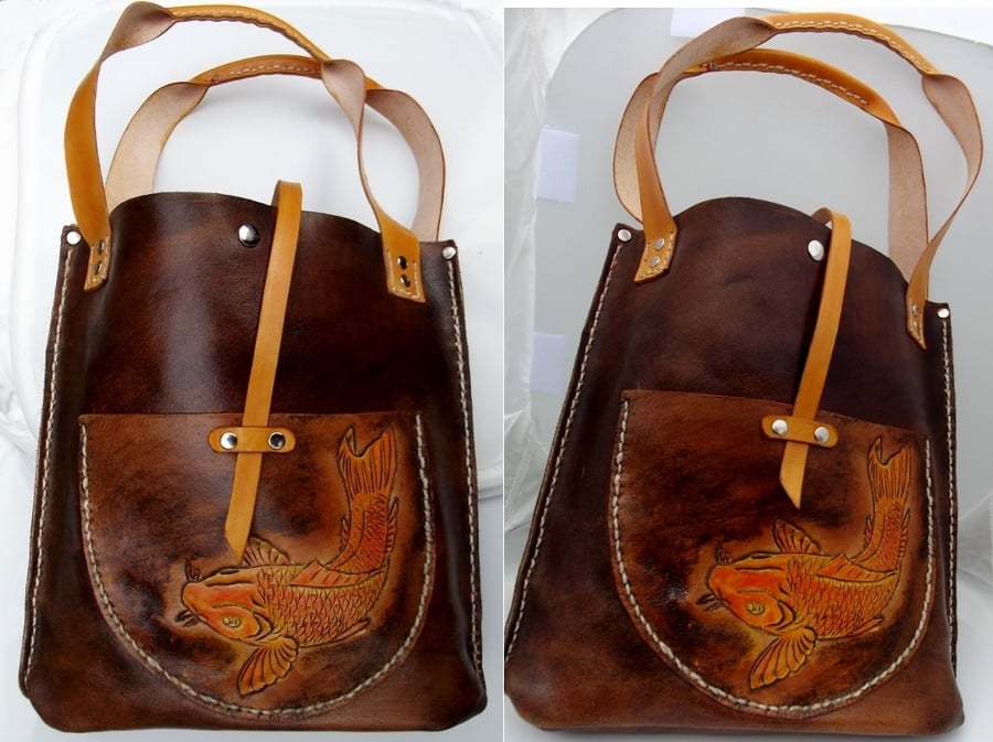 Image of Custom Hand Tooled Leather Tote, Shopping style Hand Bag Purse