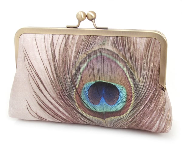 Image of Peacock Feather, printed silk clutch bag + chain handle