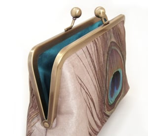 Image of Peacock Feather, printed silk clutch bag + chain handle