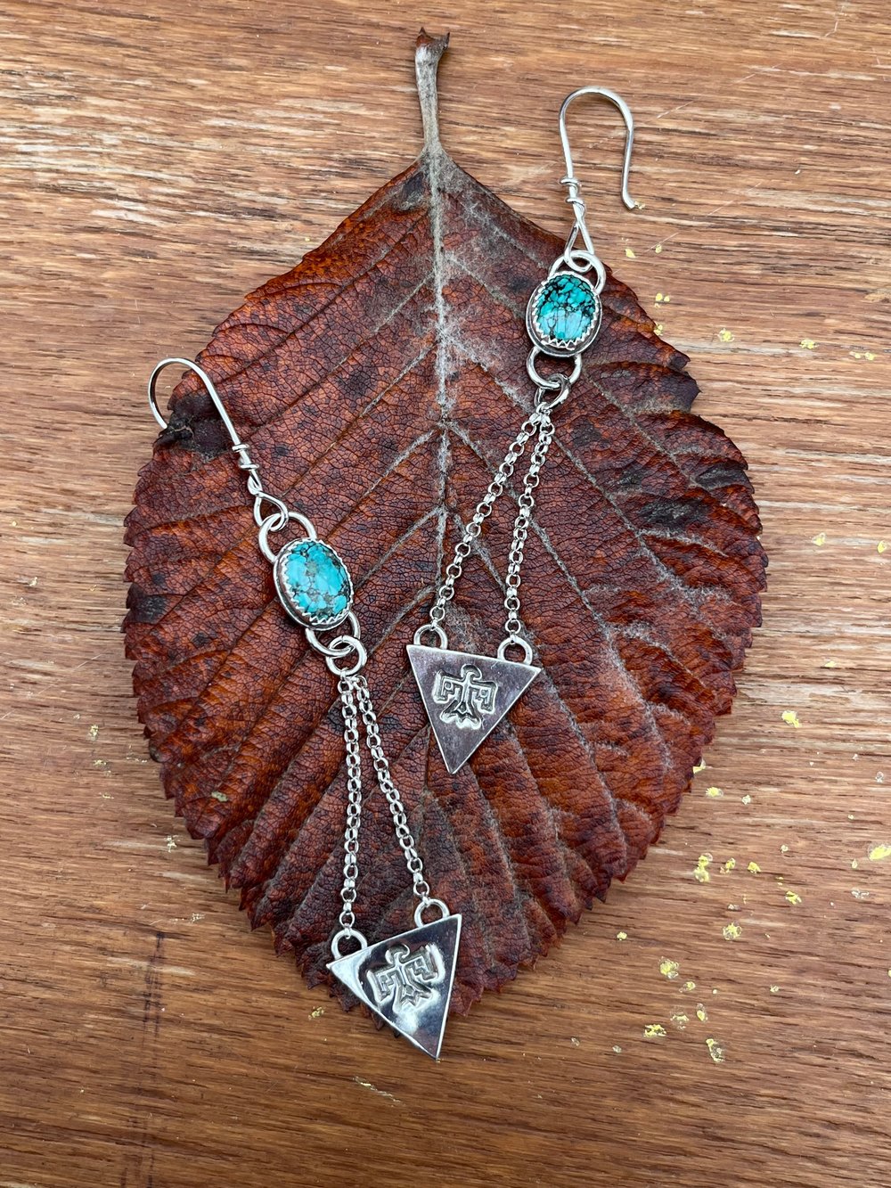 Handmade Sterling Silver Kingman Turquoise Thunderbird Dangly Earrings