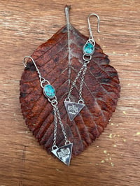 Image 2 of Handmade Sterling Silver Kingman Turquoise Thunderbird Dangly Earrings 