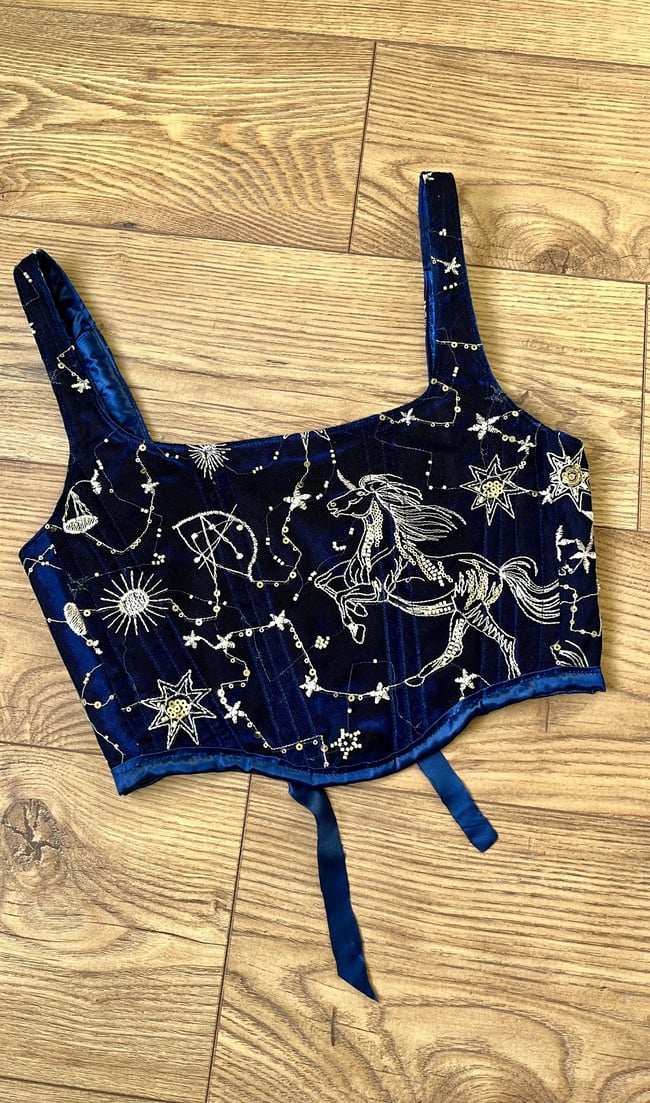 The Midnight corset. Navy blue with Gold bead detail 