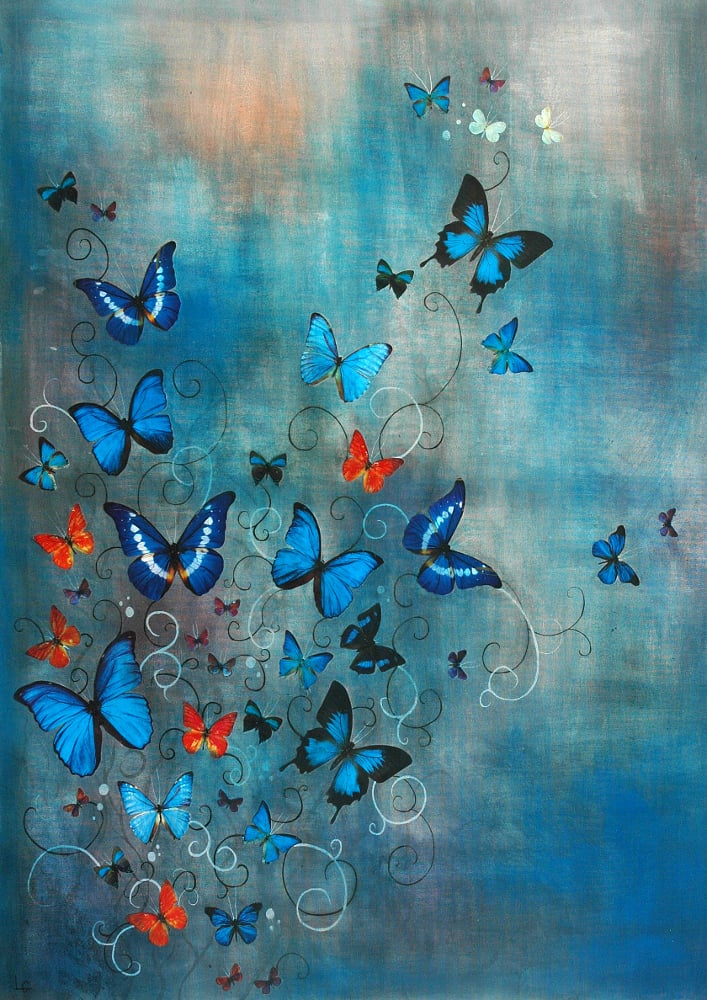 Lily Greenwood Signed Giclée Print - Butterflies on Blue - A2 ...