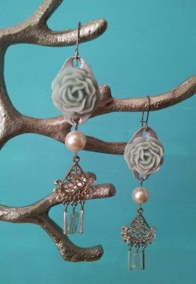 Image of LIGHT BLUE ROSE AND PEARL EARRINGS 