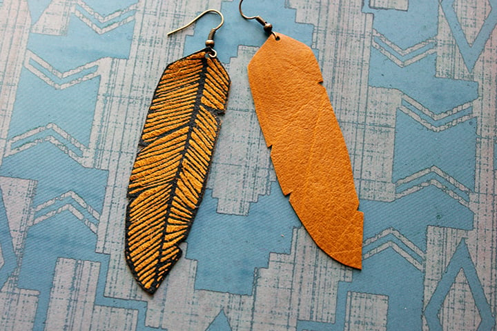 Screen Printed Leather Earrings-Black and Tan Feather