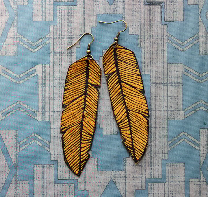 Screen Printed Leather Earrings-Black and Tan Feather