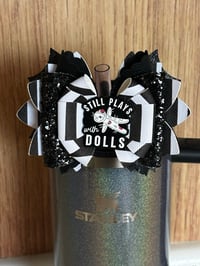 Image 1 of Black & White “Still Plays with Dolls” Straw Topper Bow