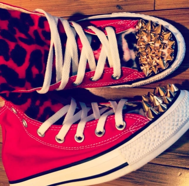 Image of Red Hightop Custom Converse w/spikes and leopard tongue