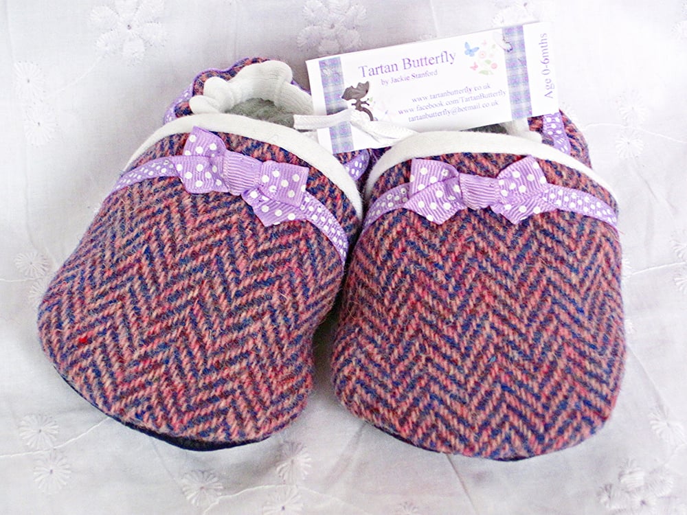 Image of Harris Tweed Baby Shoes - Pink Lilac Herringbone
