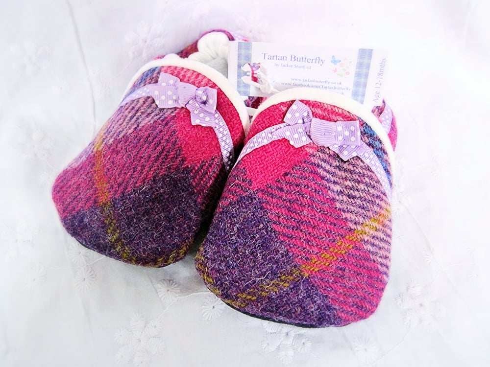 Image of Harris Tweed Baby Shoes - Bright Pink/Purple Check