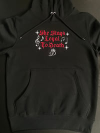 Image 2 of “She Stays Loyal To Death” Hoodie with stars & music notes embroidered (on center of chest)