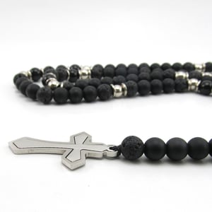 Image of Black Matt hematite and stainless steel cross rosary 