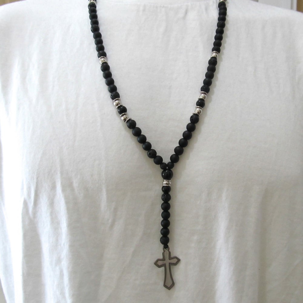 Image of Black Matt hematite and stainless steel cross rosary 