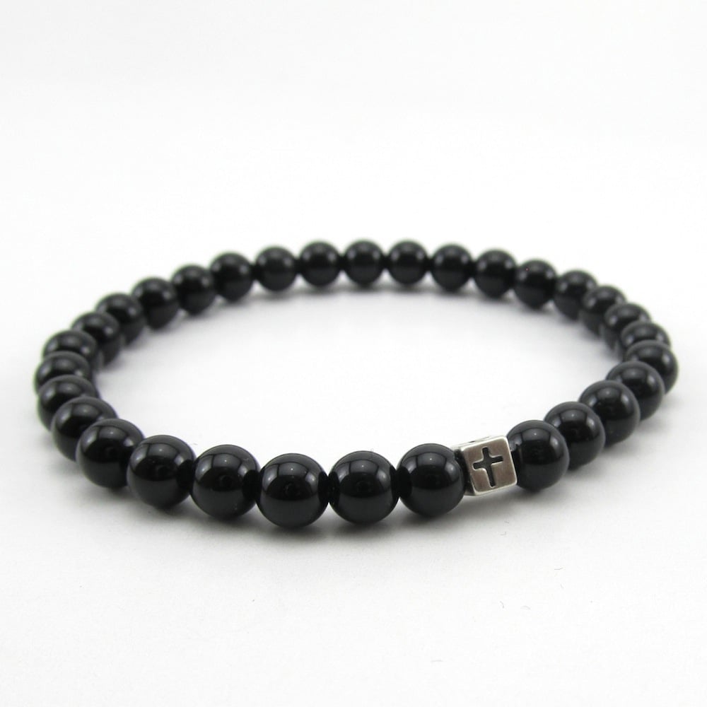 Image of Black Agate and sterling silver cross bead bracelet