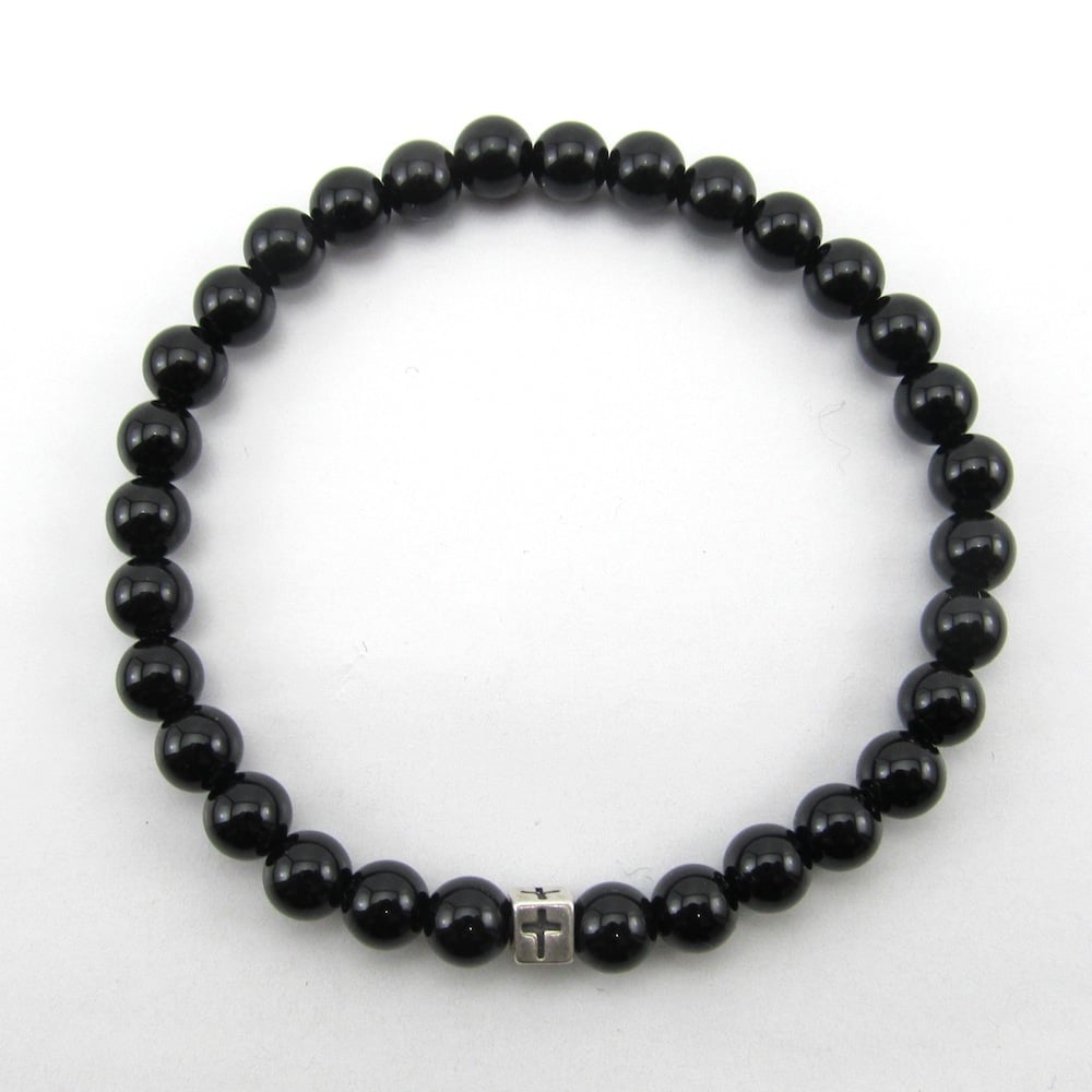 Image of Black Agate and sterling silver cross bead bracelet