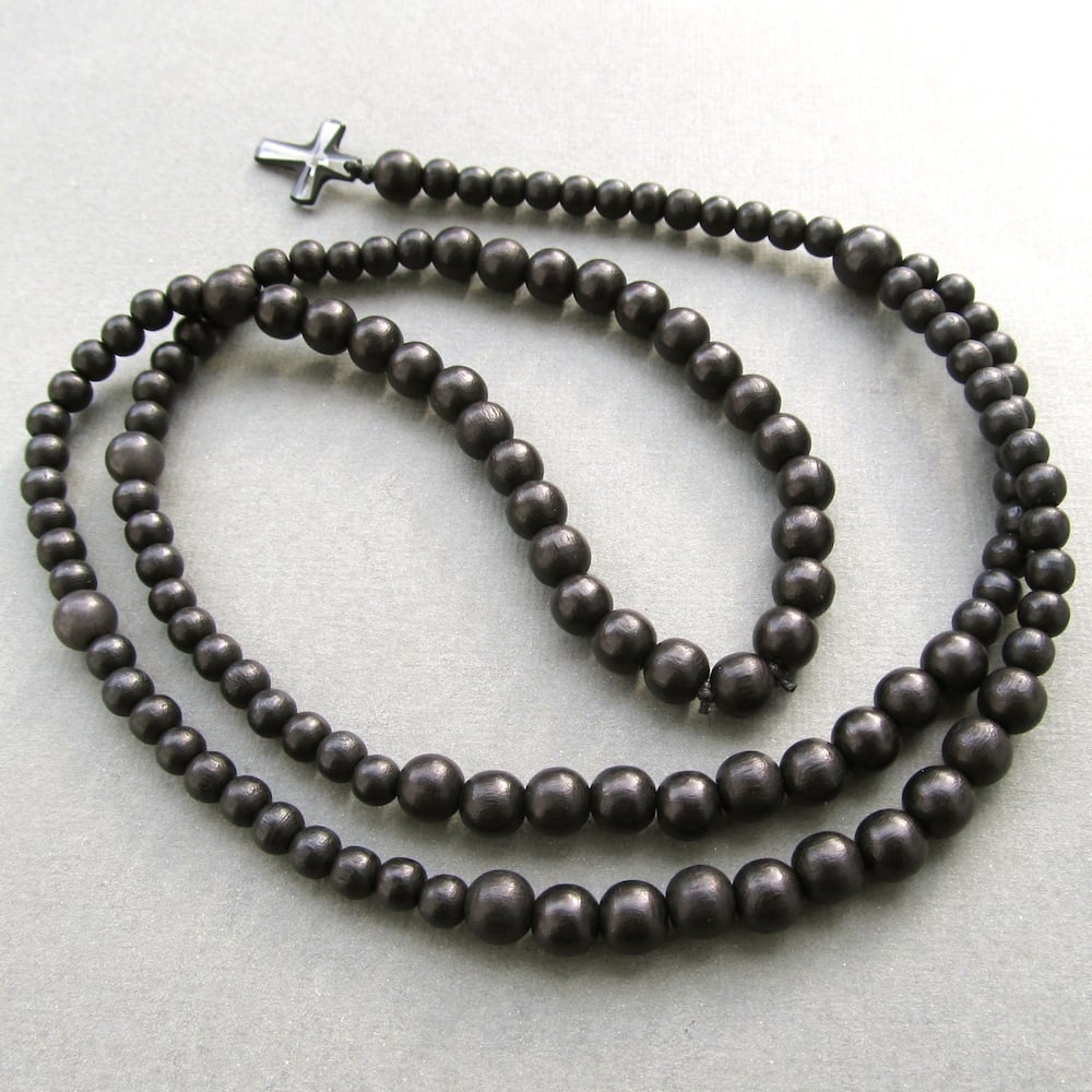 Image of Black Wooden Beaded Rosary With Small Crystal Cross