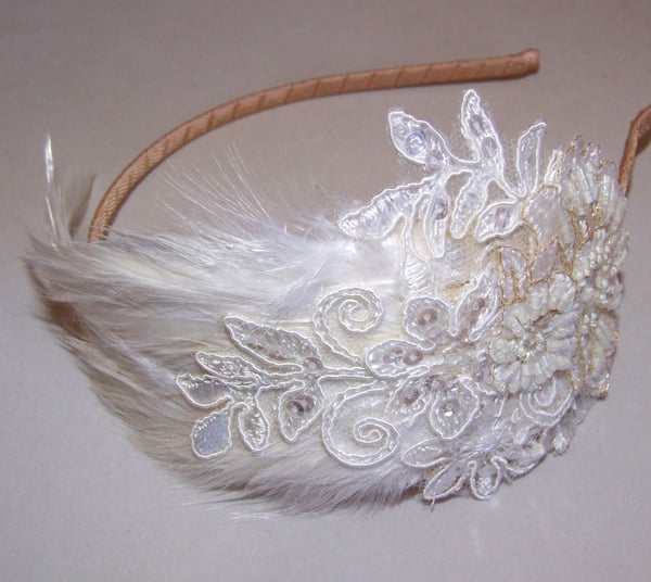 Primrose - Feather and Lace Bridal Headpiece - Laura Pettifar Designs