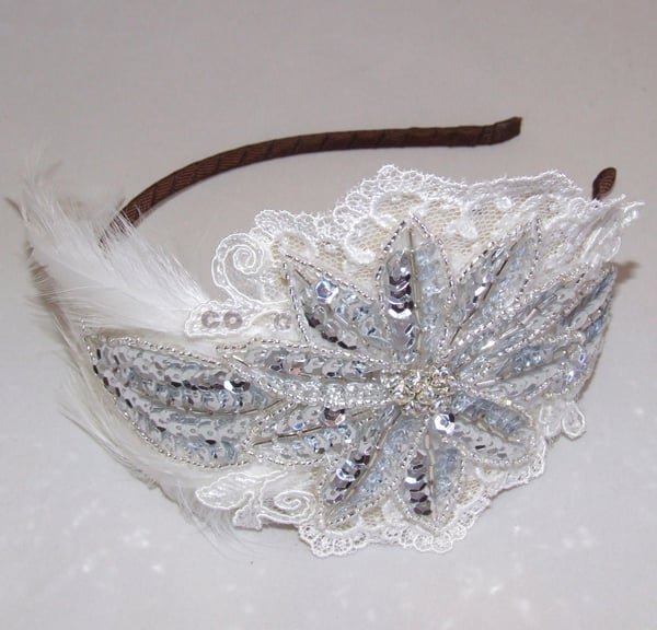 Florence - Feather, Lace and Sequin Bridal Headpiece - Laura Pettifar Designs