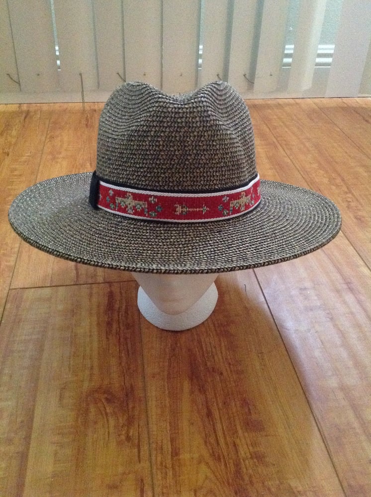 Image of mixed straw fedora with aztec bird trim