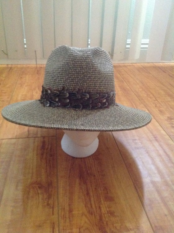 Image of mixed straw fedora with almond natural feather trim