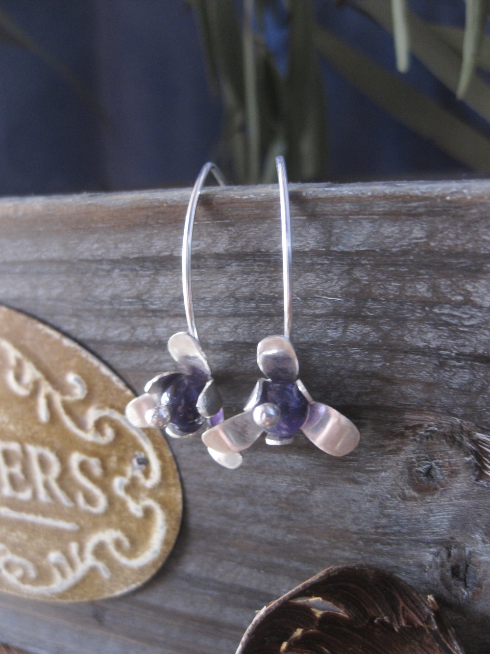 Image of Forged Trillion flower hook earrings in sterling silver with Amethyst stone beads
