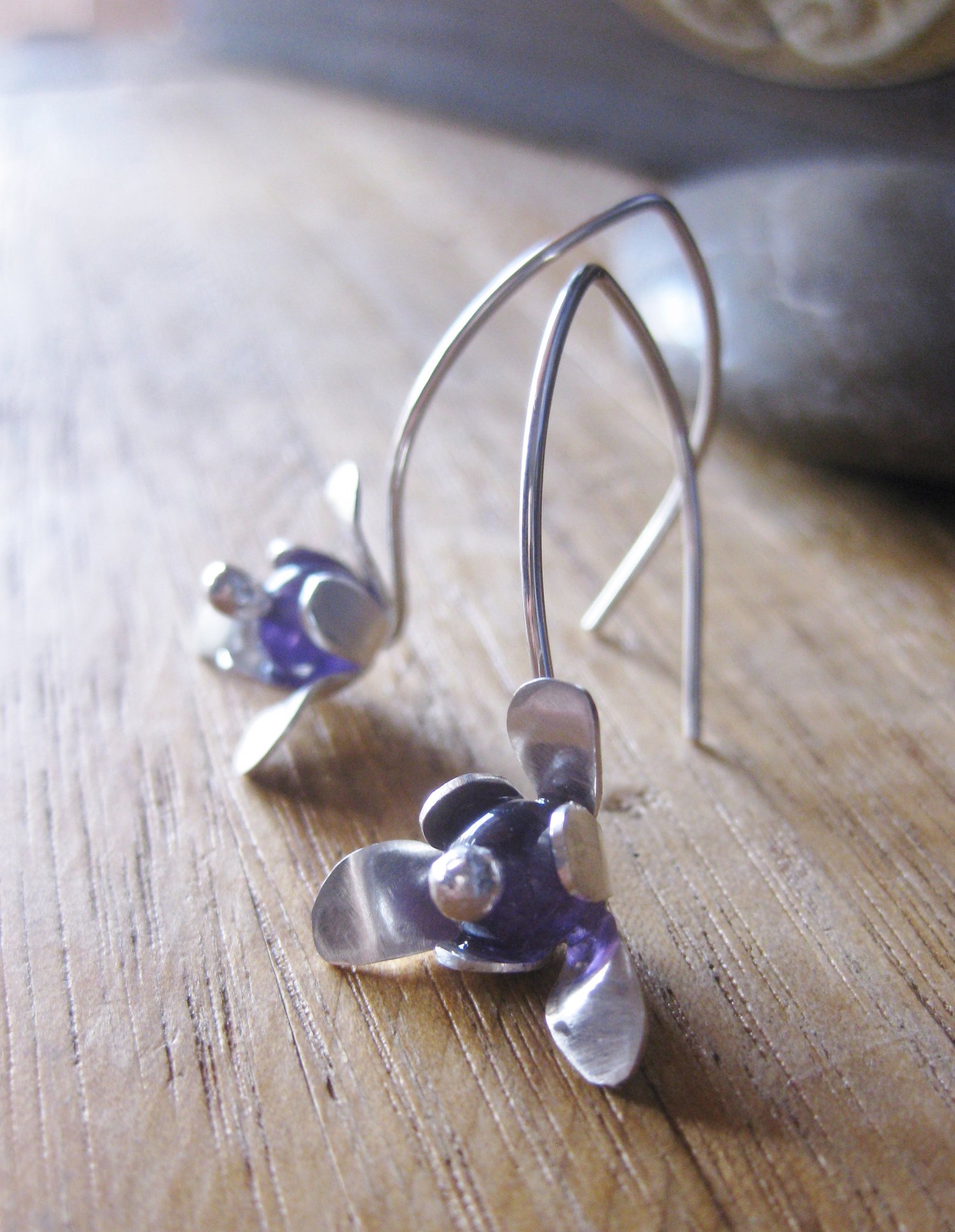 Image of Forged Trillion flower hook earrings in sterling silver with Amethyst stone beads