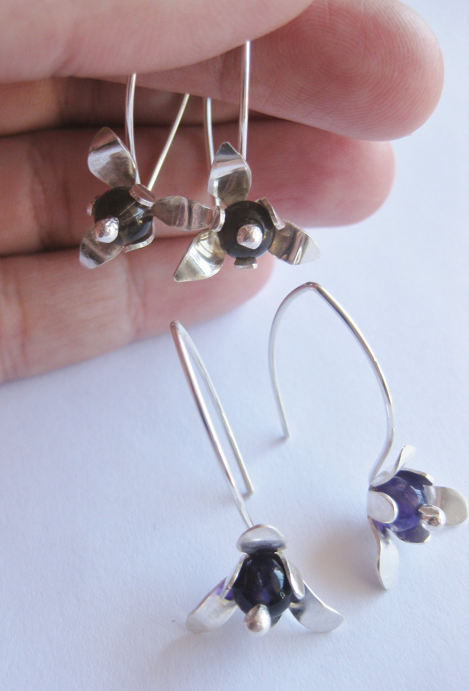 Image of Forged Trillion flower hook earrings in sterling silver with Amethyst stone beads