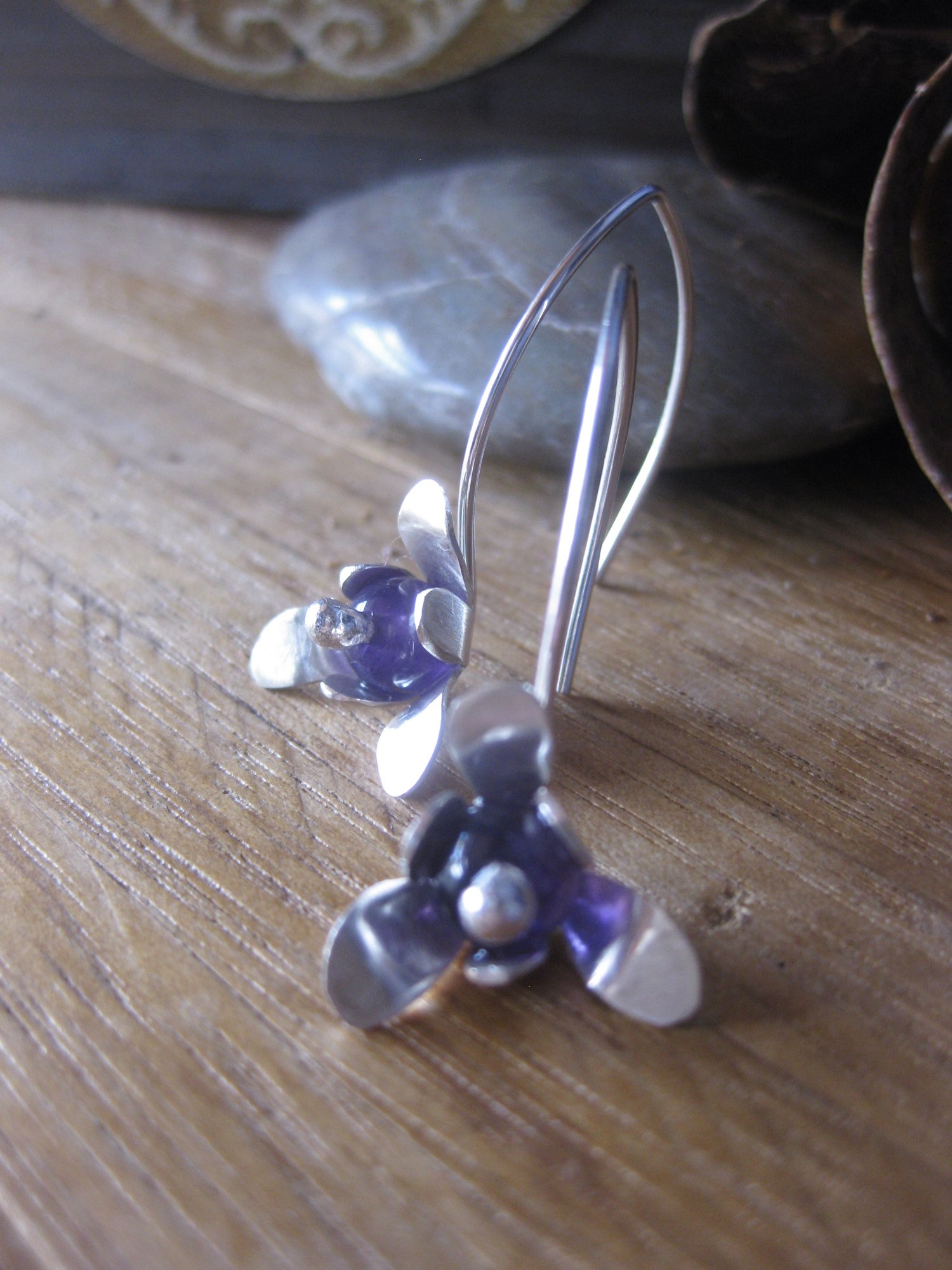 Image of Forged Trillion flower hook earrings in sterling silver with Amethyst stone beads