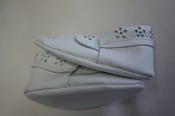 Image of white 100% leather baby shoe styled moccasins custom