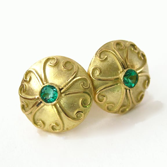 Emerald Antique Disc Earrings 18k