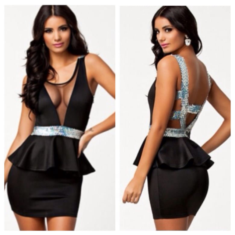 Image of Black Deep V Peplum Dress