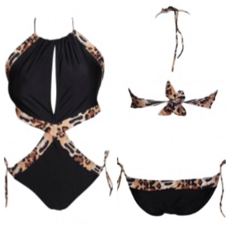 Image of Black and Leopard Cut Out Swimsuit