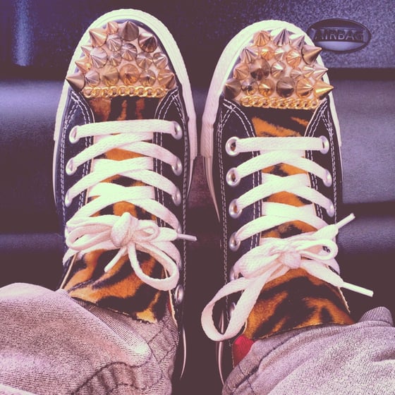 Image of Custom blk leopard , spiked low top converse w/chain