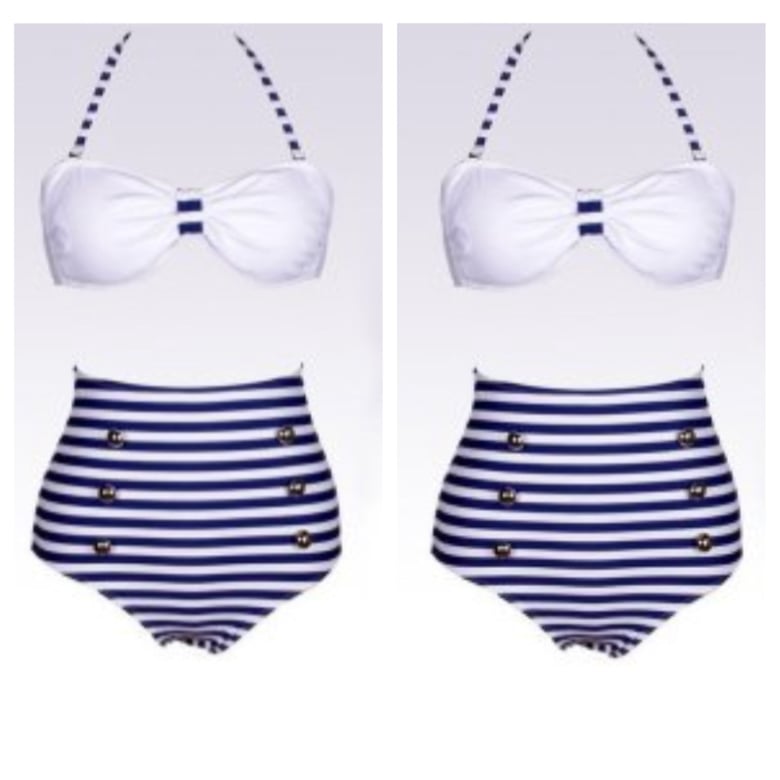 Image of White & Blue Striped High Waisted Bikini