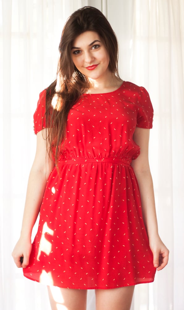 Image of Red + Gold Moon Print Dress
