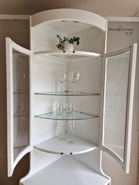 Image 2 of Tall, Mid Century, Curved Corner Drinks Cabinet unit with light in white - by Nathan