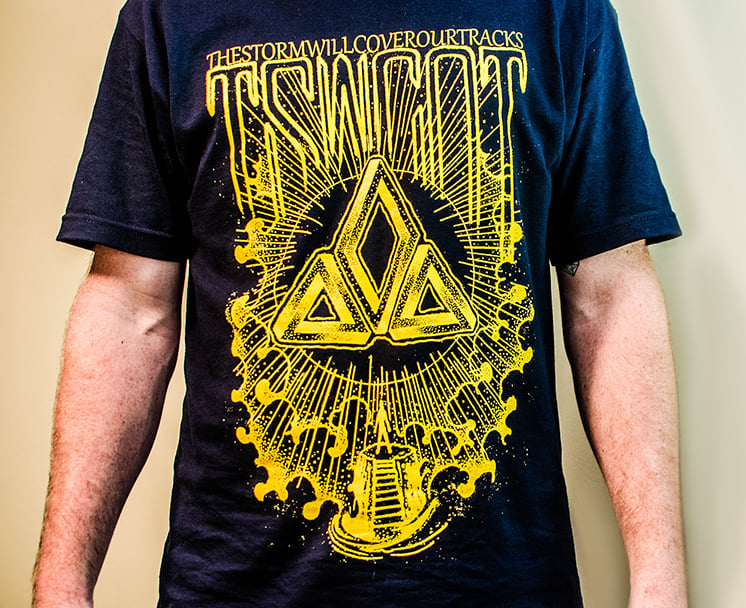 Image of Yellow Print on Navy Blue T-Shirt