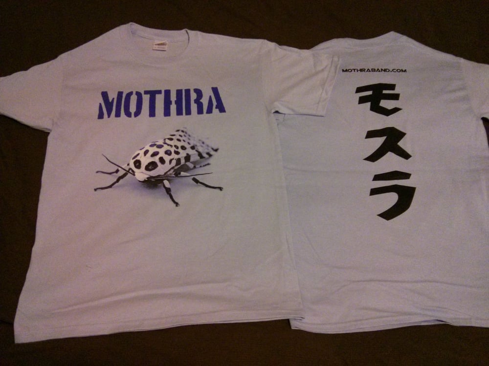 Image of Men's Moth tee. Light colours - white, ice grey, light blue. (sold out)