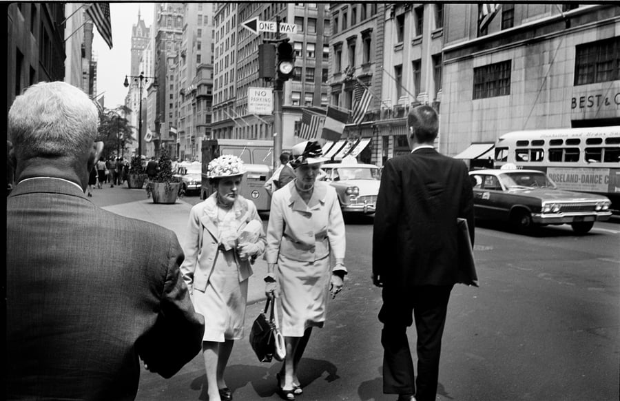 Image of Two Fashionable Older Women Walk Down 5th Avenue: Mid 1960's