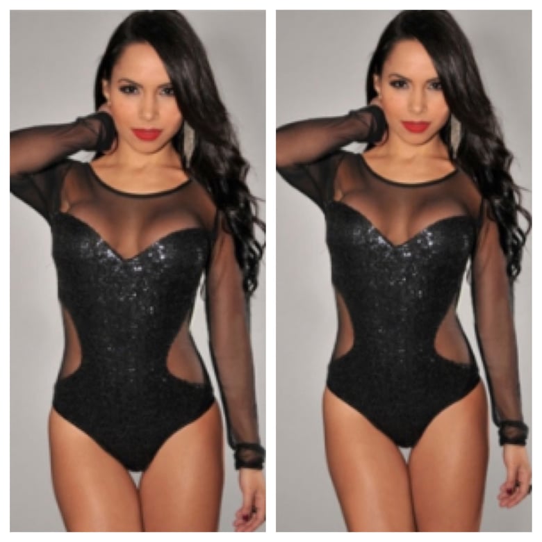 Image of Black Long Sleeve Sequins and Mesh Bodysuit