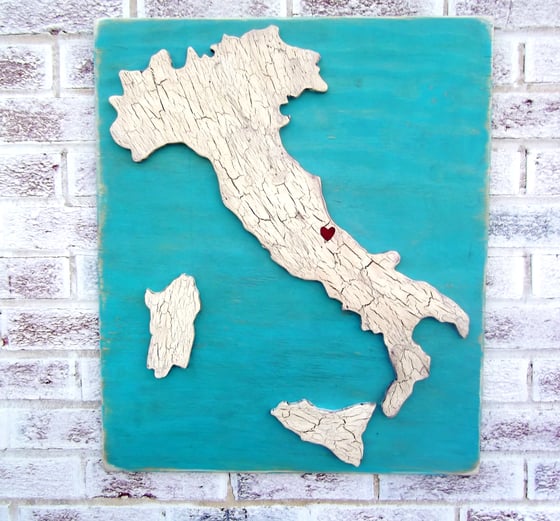 Image of Italy Map Sign, hand cut raised wood sign- a heart marks your favorite town or city