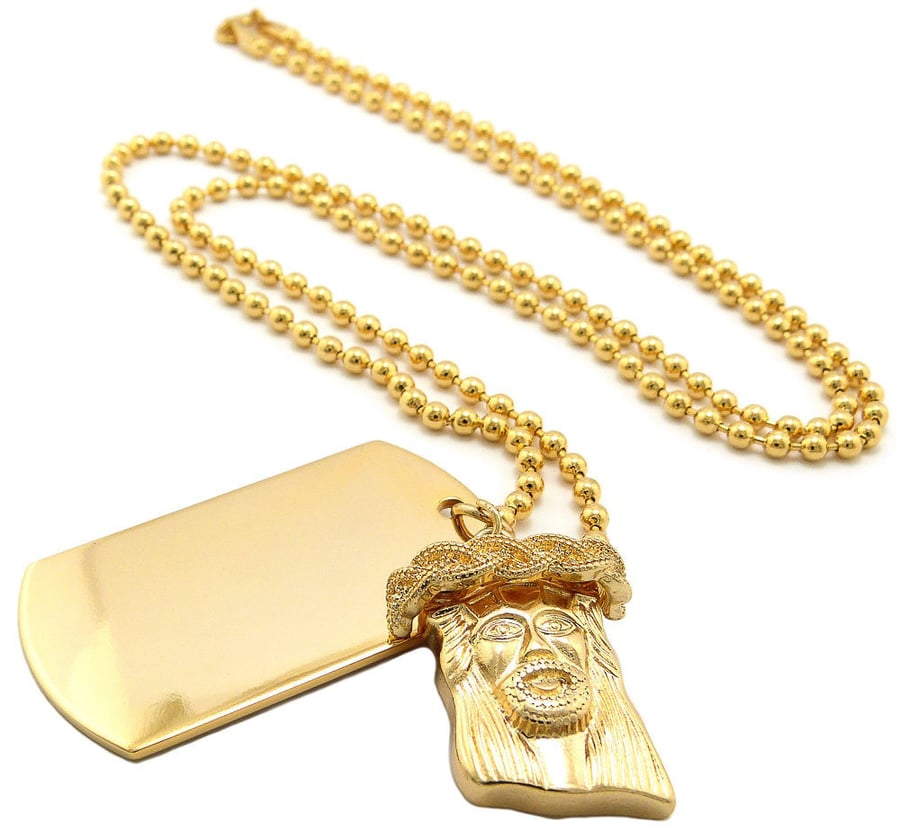 Image of GOLD MIRCO JESUS AND DOG TAG 27 INCH NECKLACE