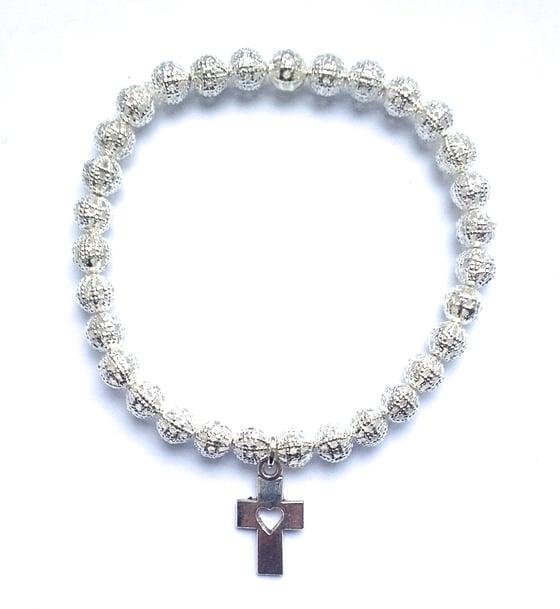 Image of Kool Jewels silver filgree cutout beaded bracelet cross
