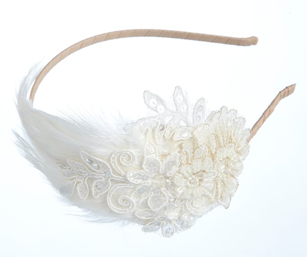 Primrose - Feather and Lace Bridal Headpiece - Laura Pettifar Designs
