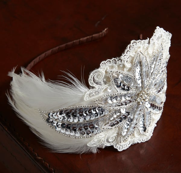 Florence - Feather, Lace and Sequin Bridal Headpiece - Laura Pettifar Designs