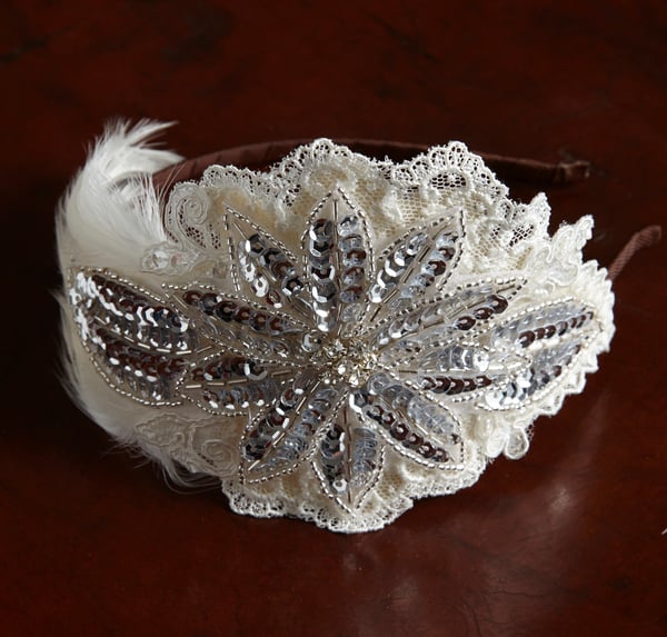 Florence - Feather, Lace and Sequin Bridal Headpiece - Laura Pettifar Designs