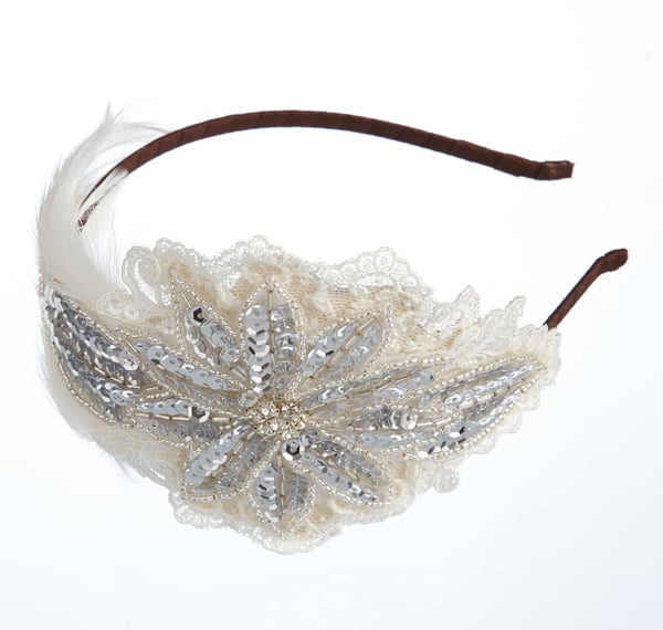 Florence - Feather, Lace and Sequin Bridal Headpiece - Laura Pettifar Designs