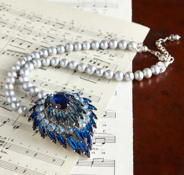 Lola Vintage Blue Crystal Necklace with Pearls - Laura Pettifar Designs