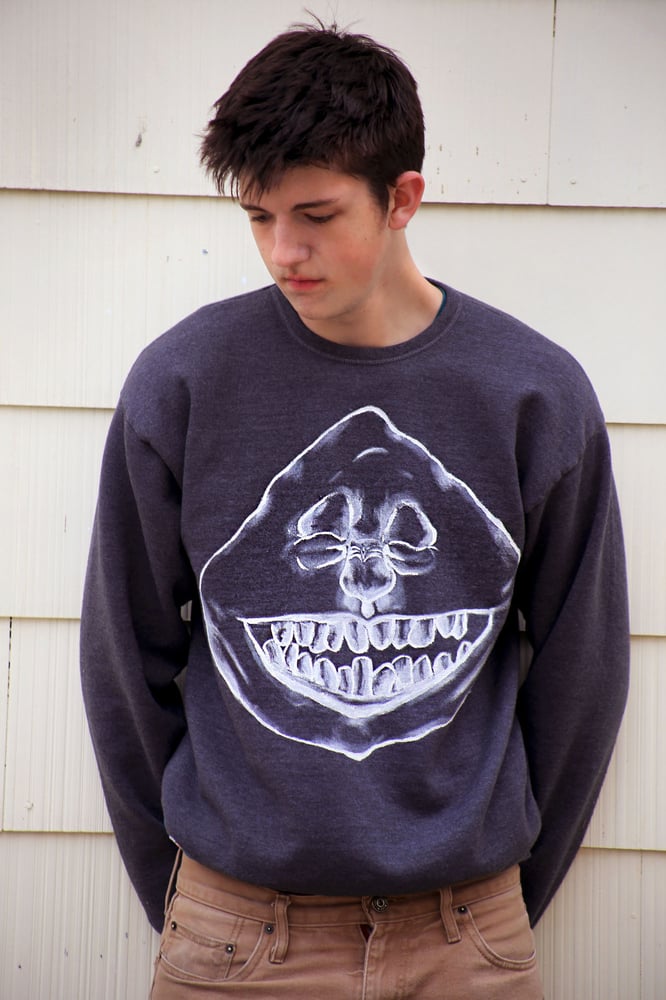 Image of white on darkgrey crew-neck